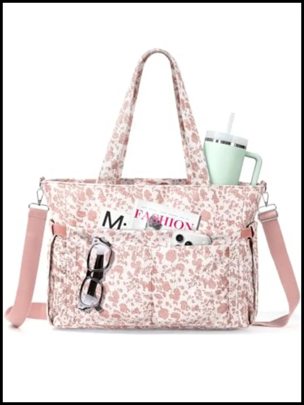 Corduroy Tote Bag for Women with 40oz Cup Holder, 17 Pockets, Laptop Work